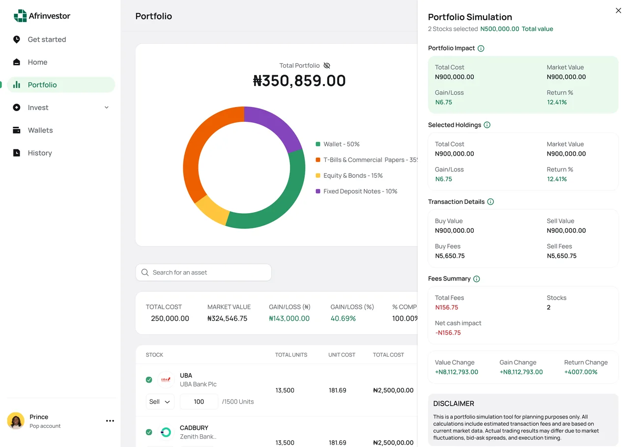 Portfolio simulation panel: projected impact, transaction details, and fees summary