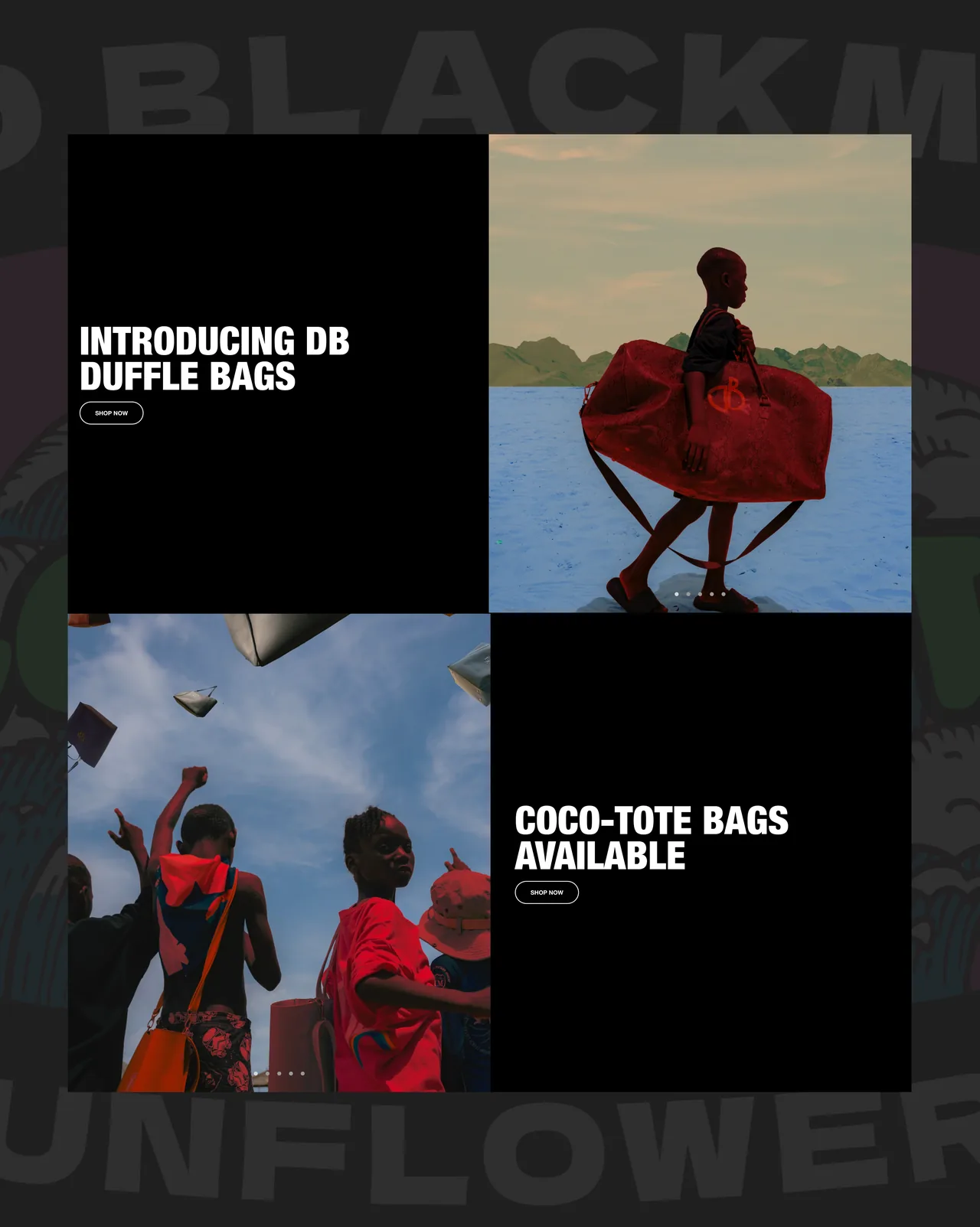 Editorial sections: DB duffle bags and Coco-Tote launches with lifestyle photography