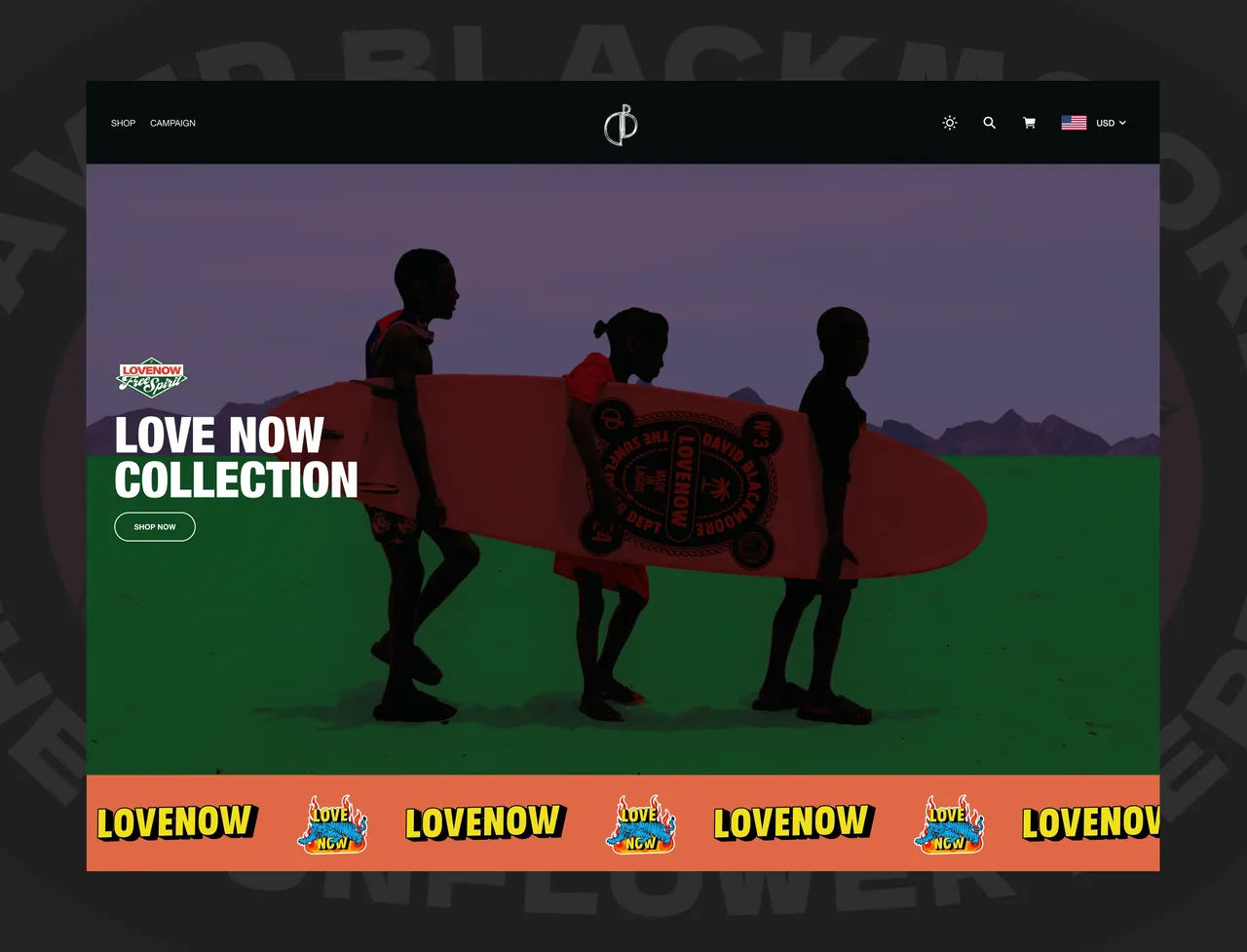 David Blackmoore homepage: Love Now Collection hero with silhouetted figures carrying a surfboard