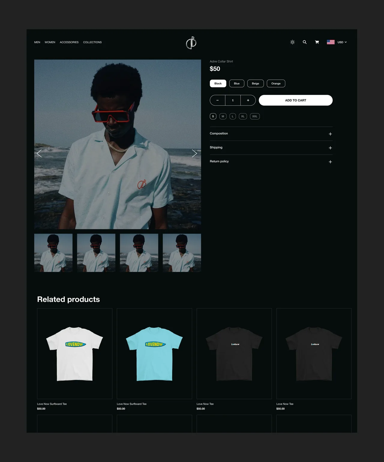 Product page: Adire Collar Shirt with color and size selection, accordions, and related products