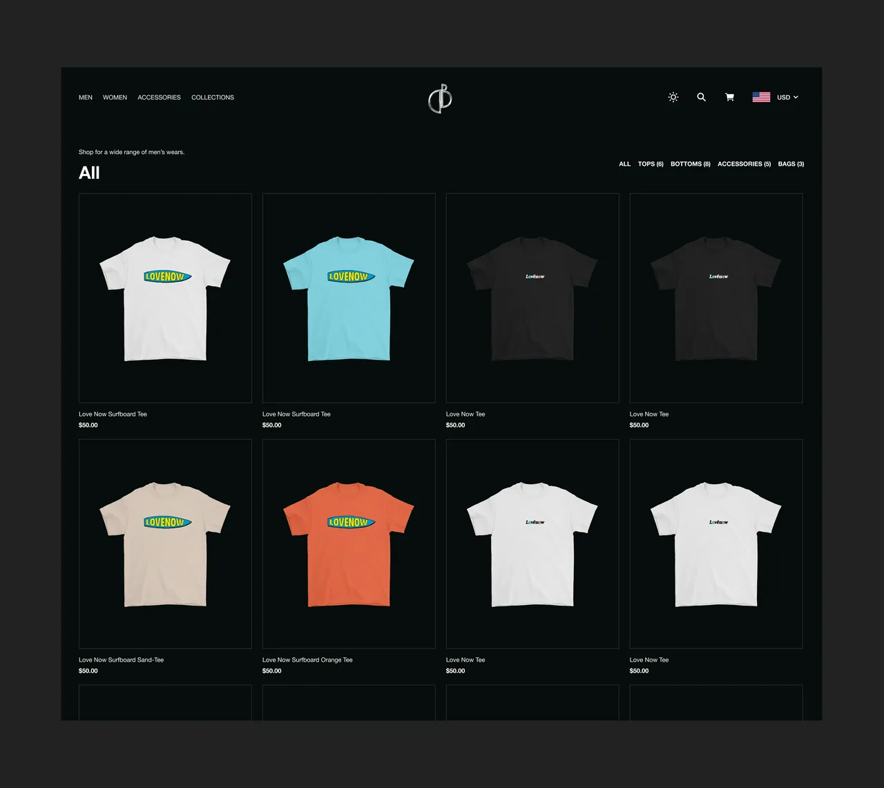 Shop page: full catalogue with category filters for tops, bottoms, accessories, and bags