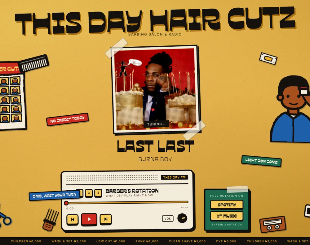 Barbershop Radio — an illustrated Nigerian barbershop with a retro FM radio playing Afrobeats
