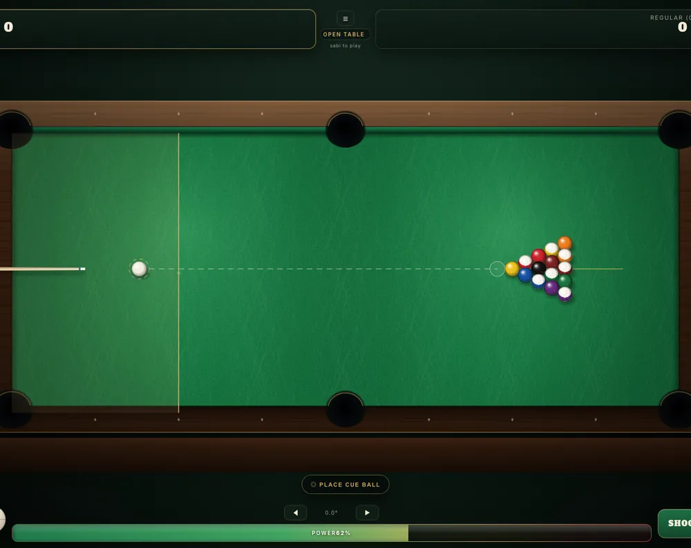 Sabi Pool — an 8-ball pool game on a green felt table with racked balls, cue and power meter