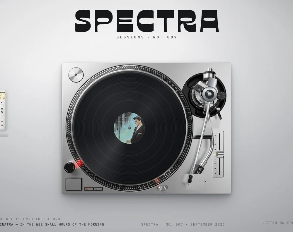 SPECTRA Sessions: a photorealistic silver turntable playing a vinyl record