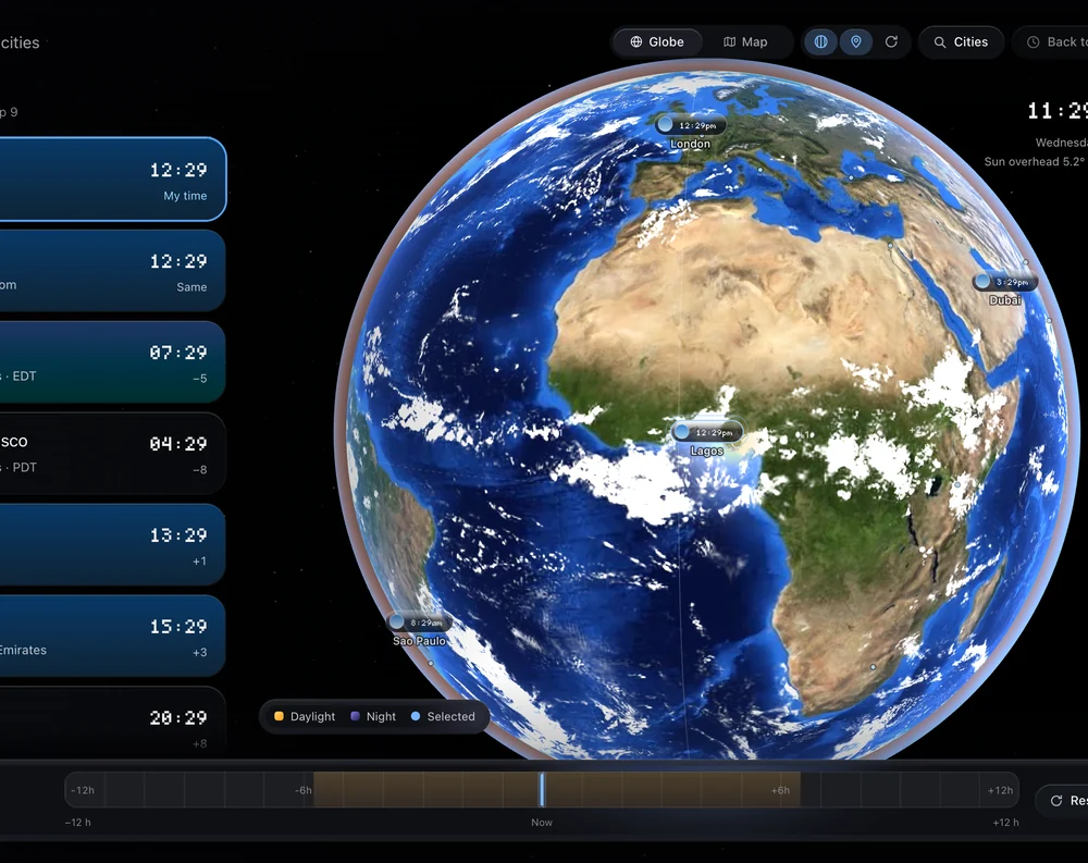 Timezone: a 3D Earth globe with world city clocks and a Globe and Map toggle