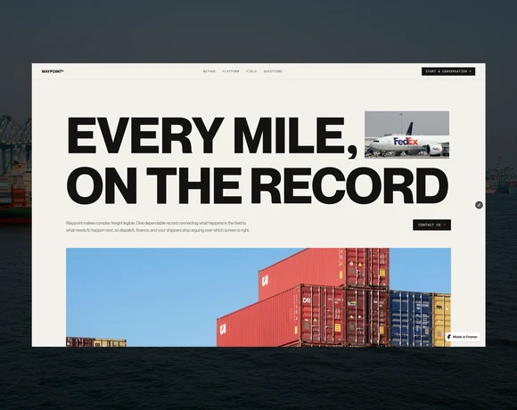 Waypoint Logistics Framer template, Every Mile On The Record hero