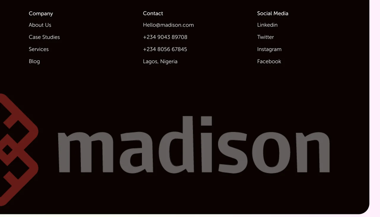 Madison footer: Company, Contact, and Social Media columns on black with the large madison wordmark and diamond logo
