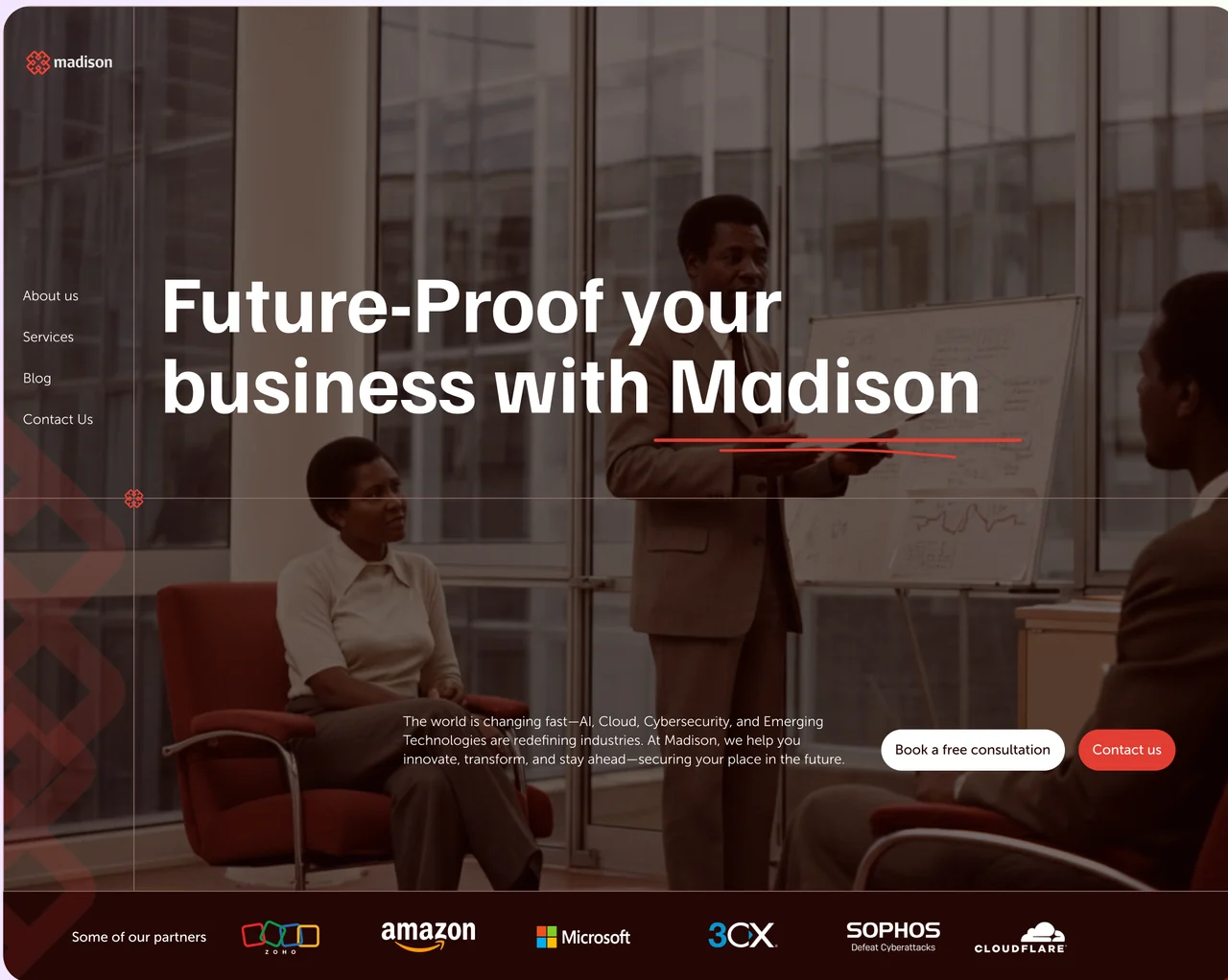 Madison homepage hero: bold headline over a warm office photo, tinted deep maroon, with partner logos along the base