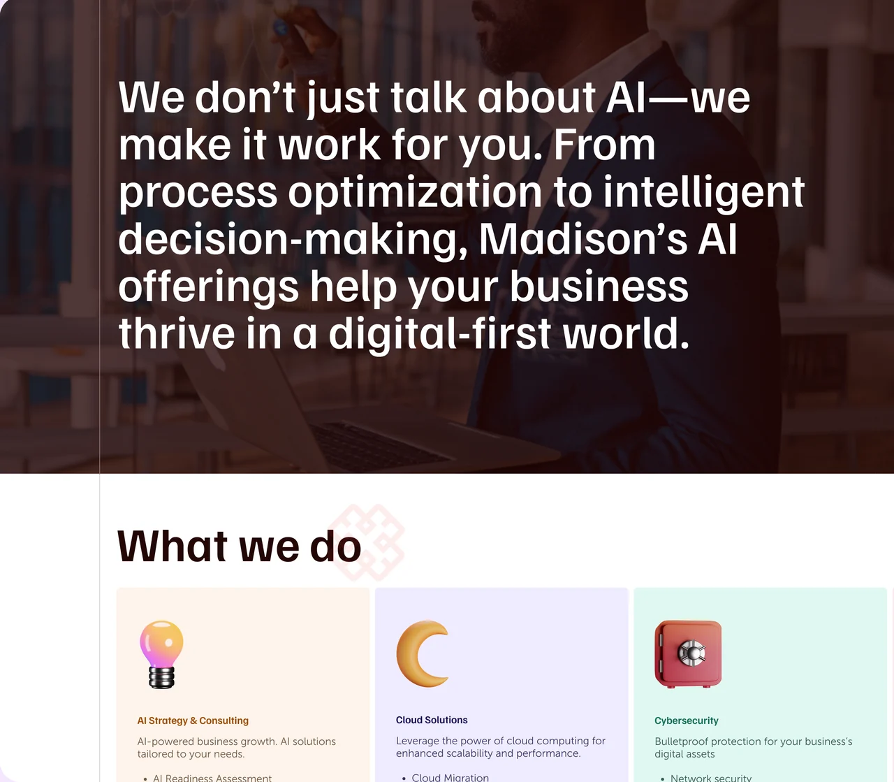 Madison services: a bold AI statement over a photo, above a What we do row of pastel service cards with 3D icons