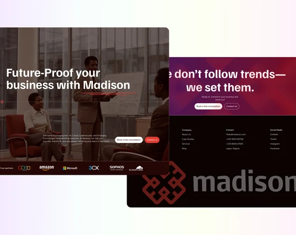 Madison technology consulting website, hero and footer