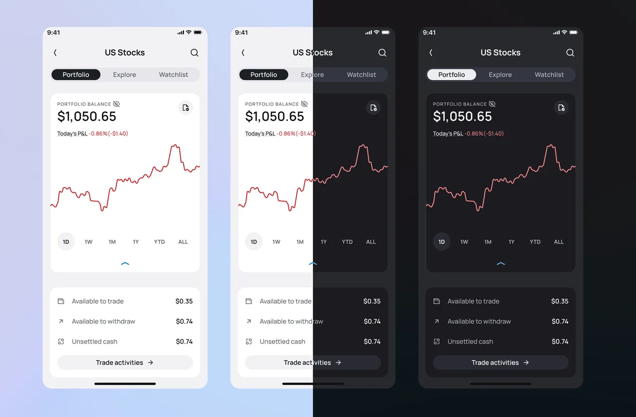 Optimus day and night mode: US Stocks in light, medium, and dark themes