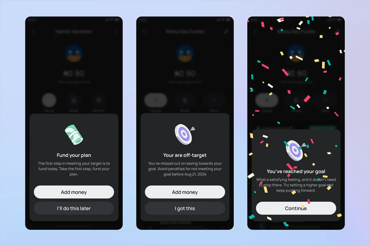 OptiTarget states: fund your plan, off-target alert, goal reached celebration