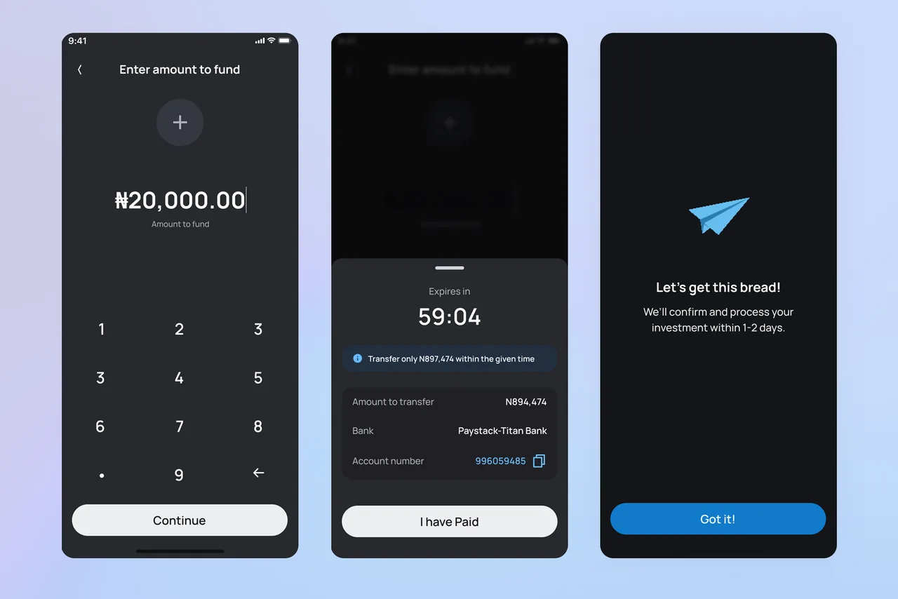 Temporary account funding: enter amount, countdown timer, success confirmation