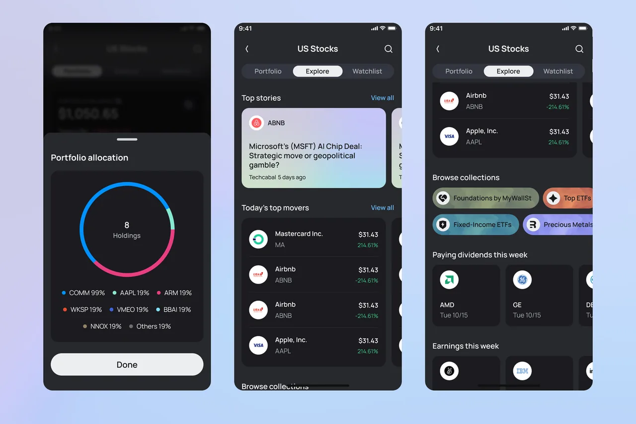 Portfolio: allocation pie chart, explore tab, and watchlist