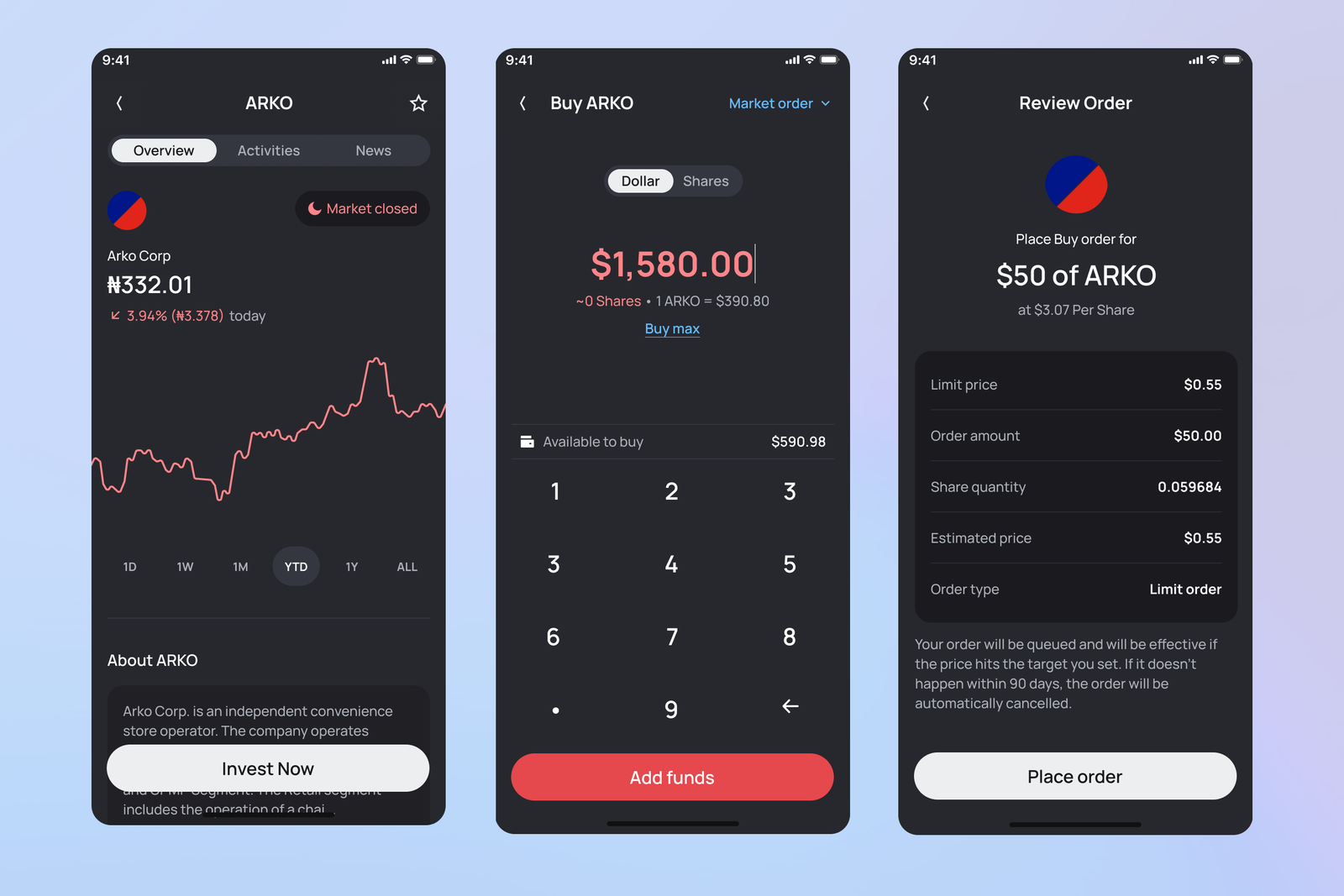 Stock trading flow — stock detail, buy order, and review order