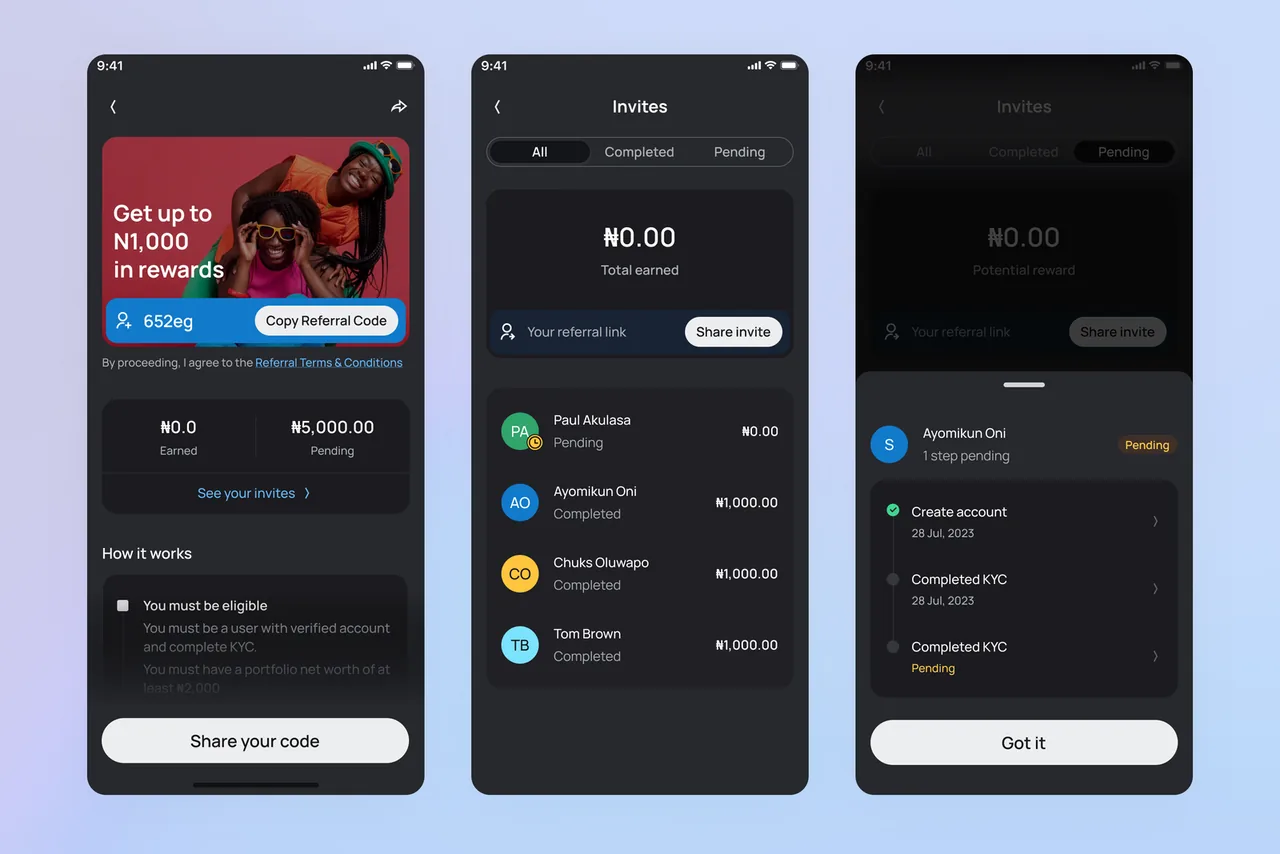 Referral programme: promo banner, invites list, and invite detail tracking