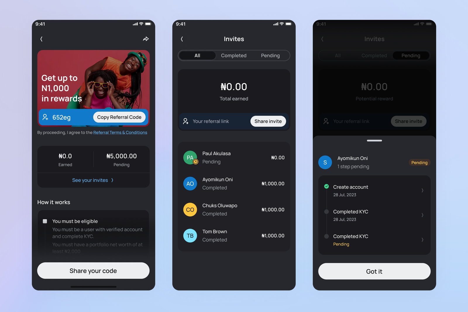 Referral programme — promo banner, invites list, and invite detail tracking