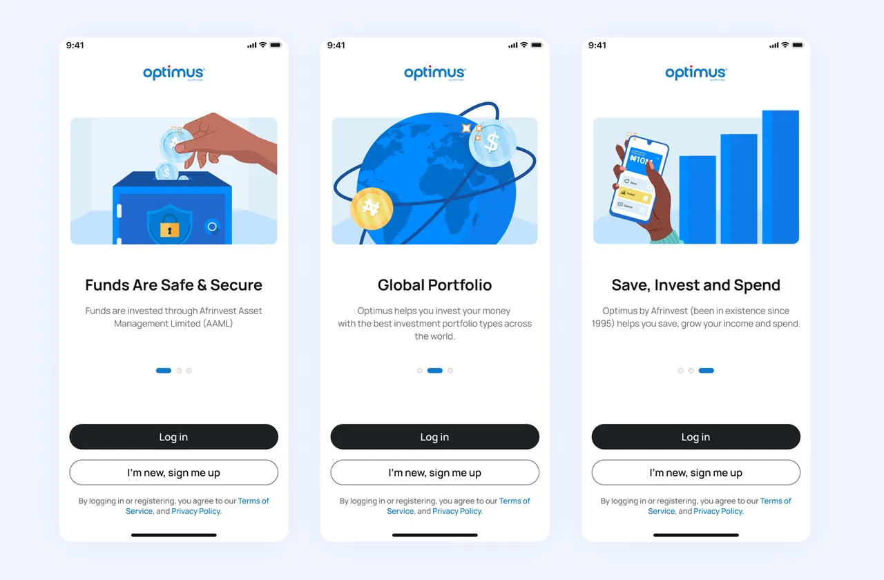 Optimus onboarding screens: Funds Are Safe & Secure, Global Portfolio, Save Invest and Spend