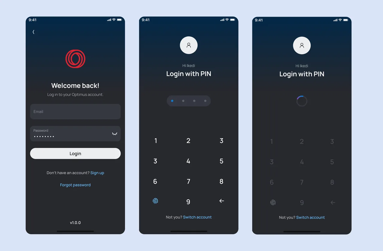 Optimus login and authentication: Welcome back, PIN entry screens
