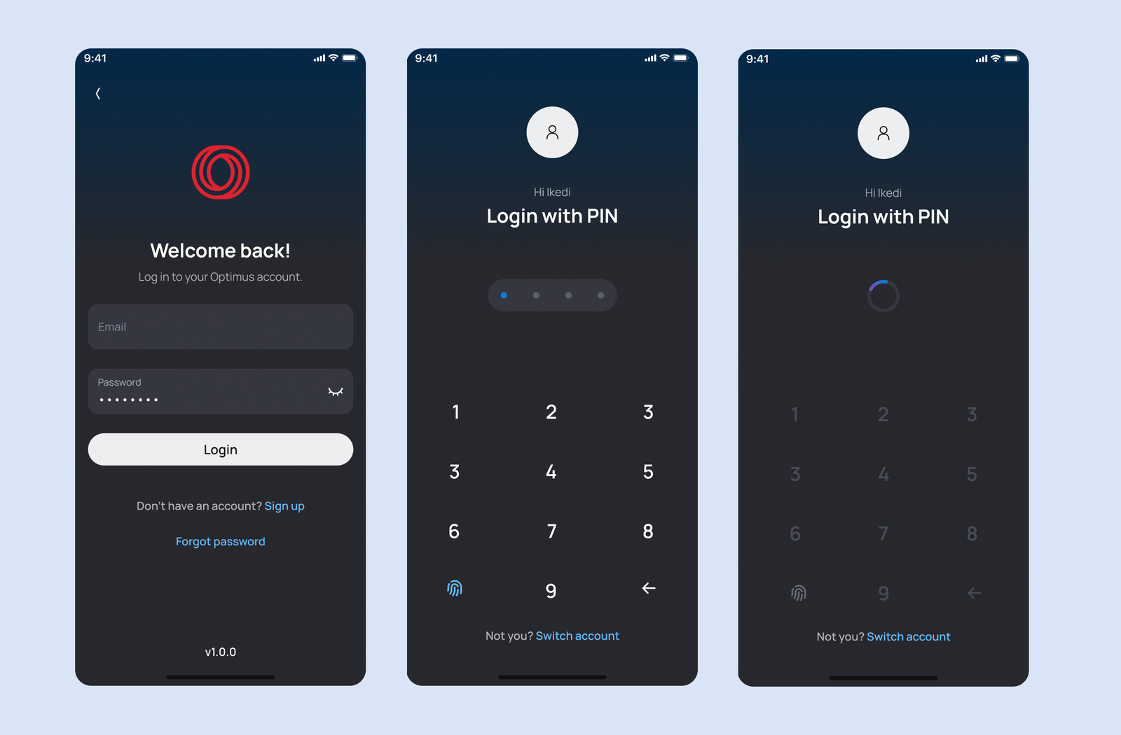 Optimus login and authentication — Welcome back, PIN entry screens