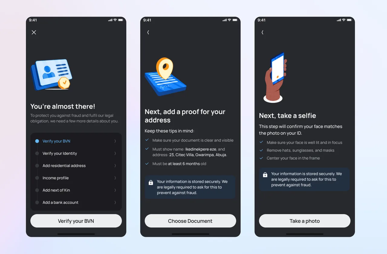 KYC verification steps: identity verification, address proof, selfie capture