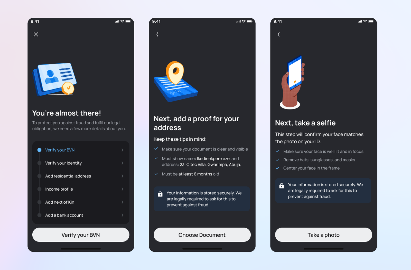 KYC verification steps — identity verification, address proof, selfie capture
