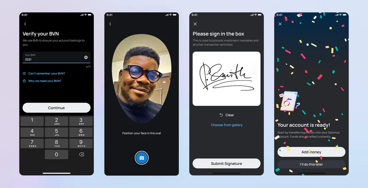 KYC flow: BVN verification, face capture, signature, account ready