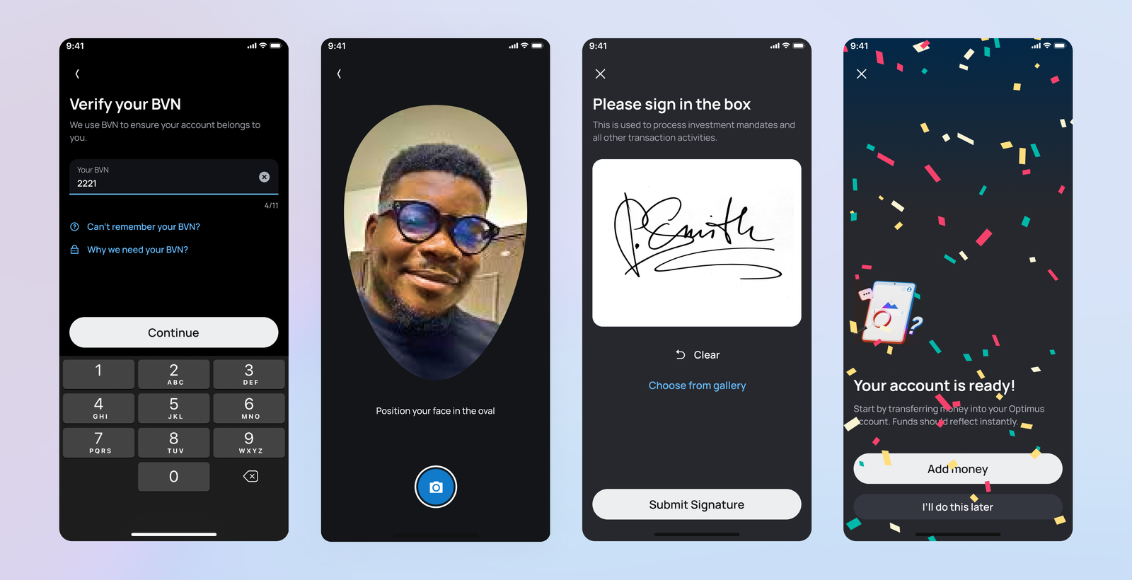 KYC flow — BVN verification, face capture, signature, account ready