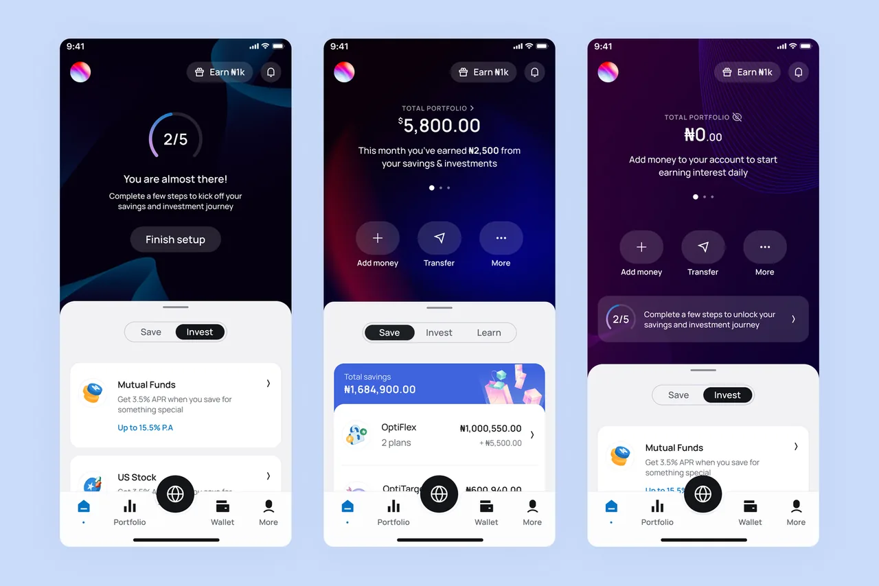 Optimus dashboard: onboarding state, active portfolio, and new user views