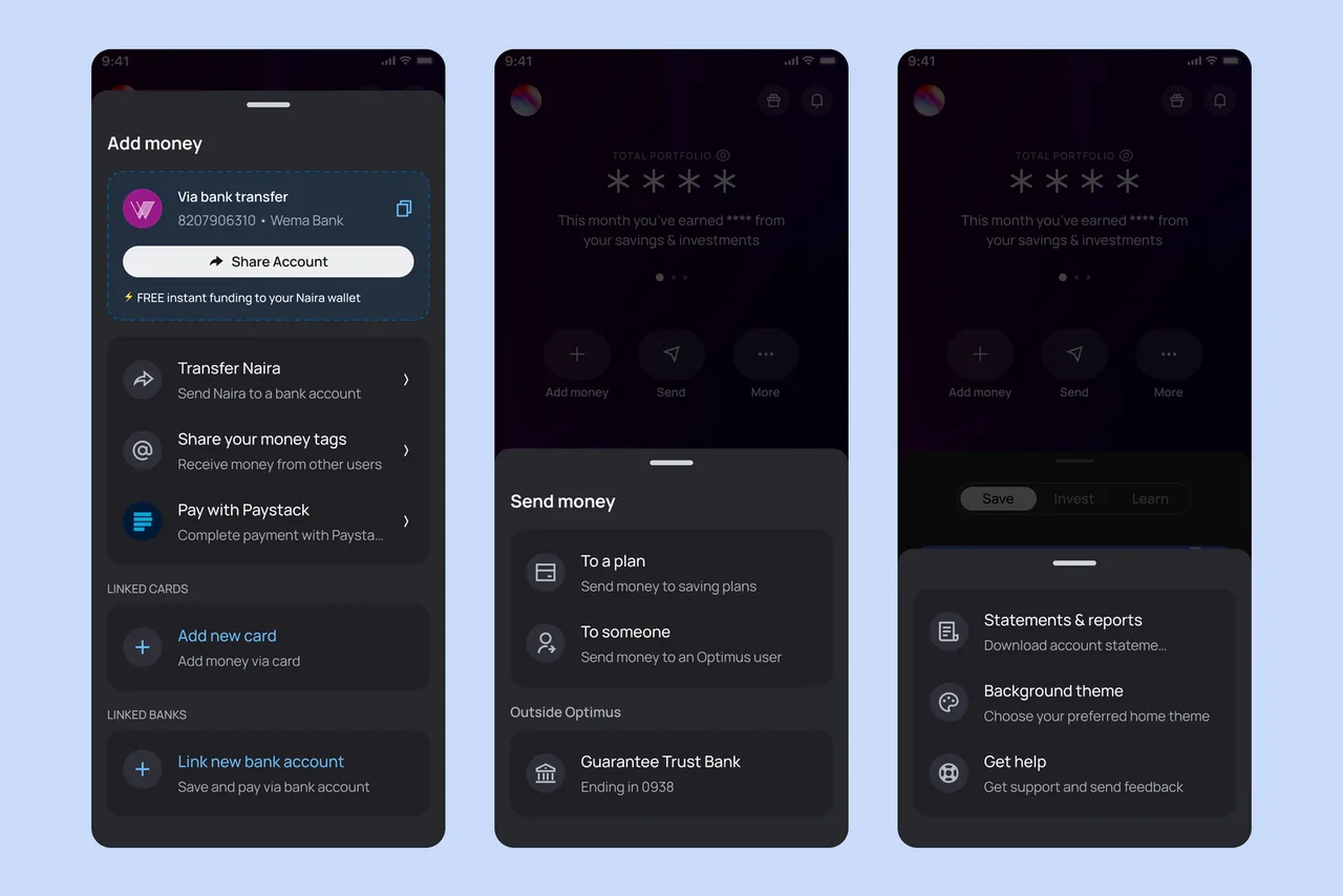 Key features: Add money, Send money, and Settings screens