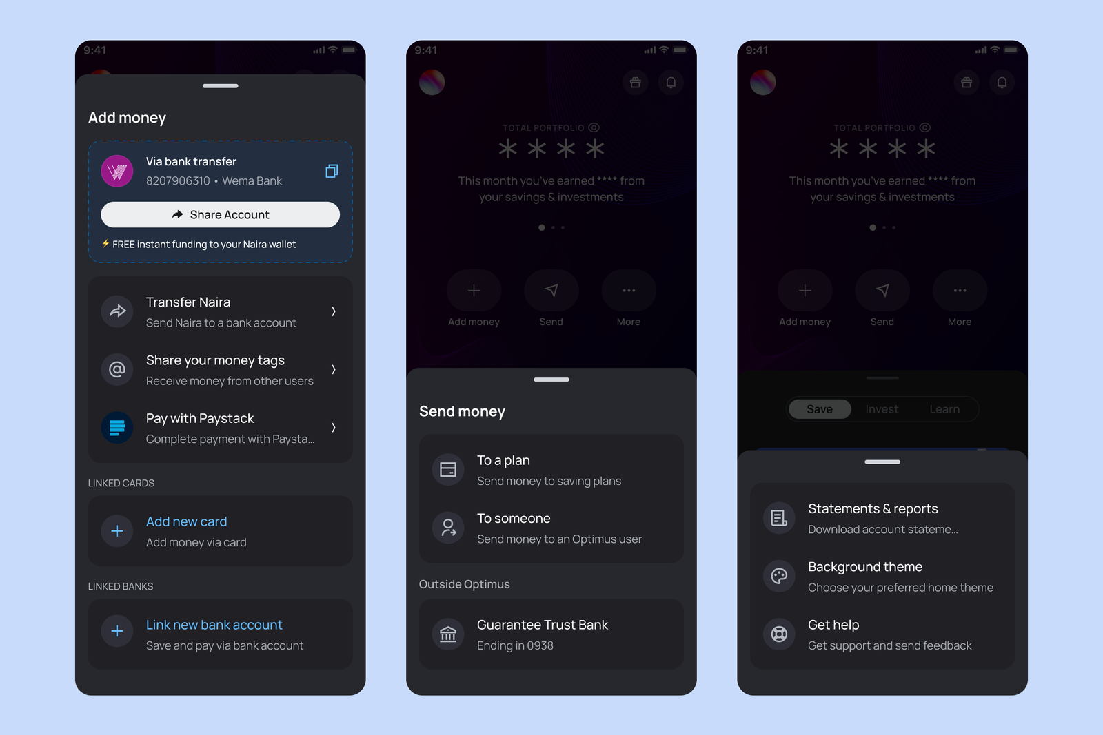 Key features — Add money, Send money, and Settings screens
