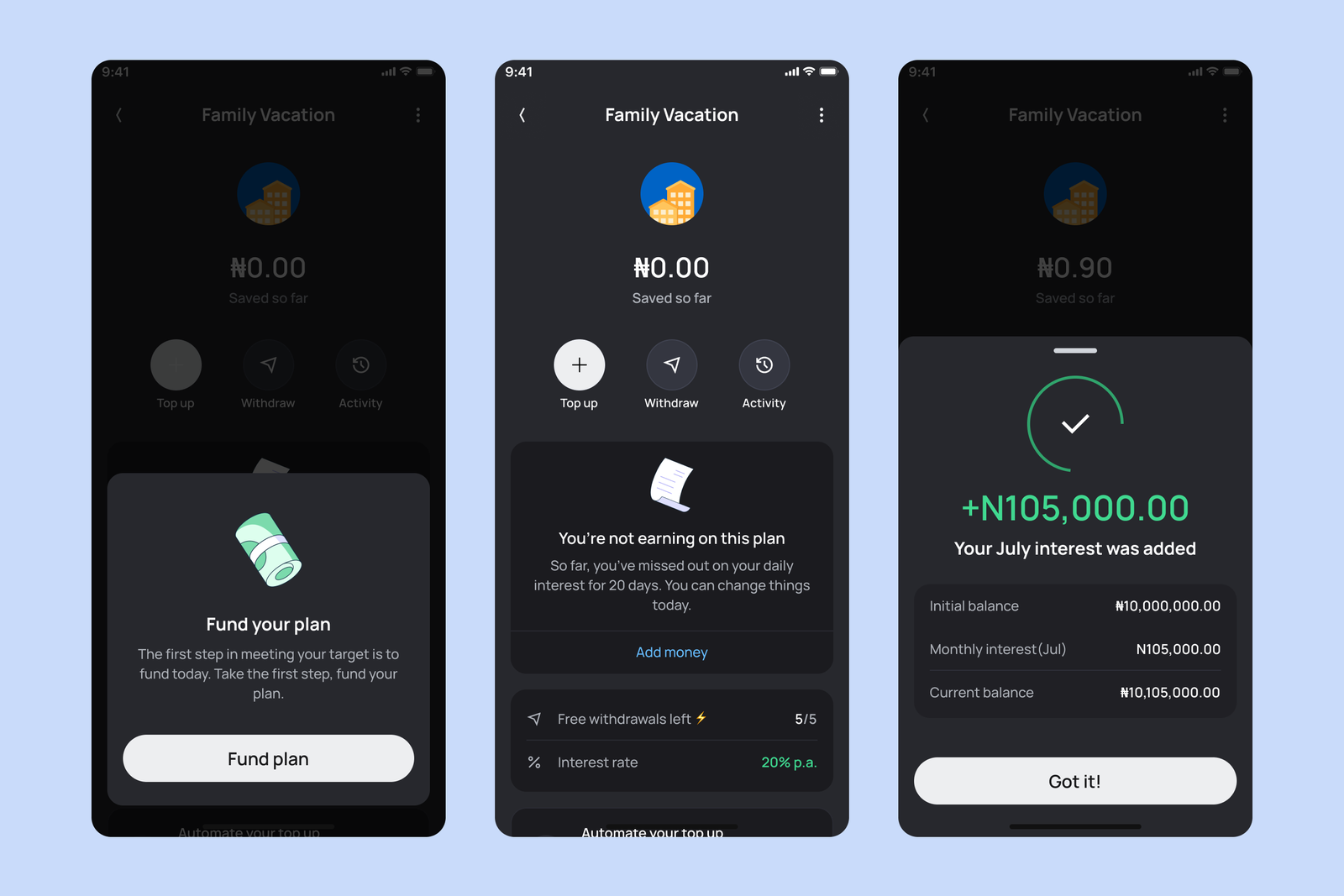 Earnings tracking — savings plan states and interest confirmation
