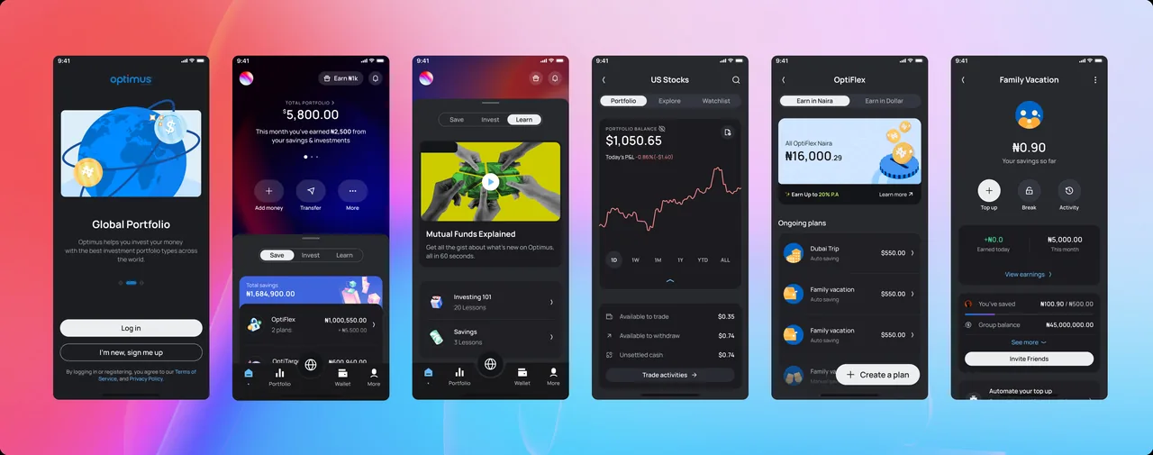 Optimus 2.0 app screens overview