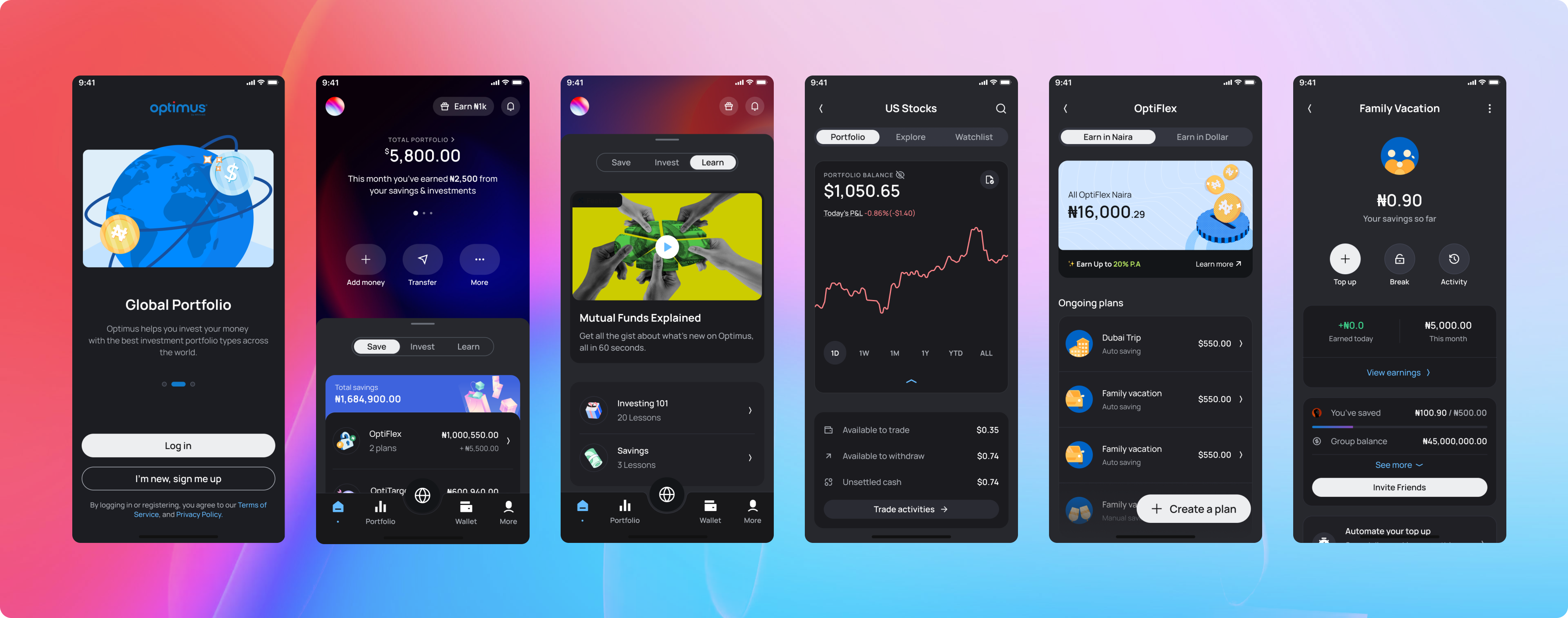 Optimus 2.0 app screens overview