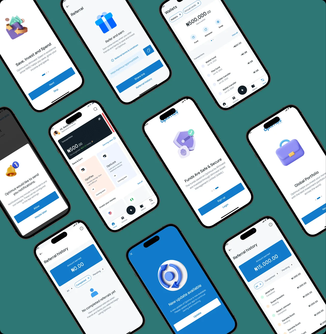 Optimus mobile app home: total portfolio, Save and Earn, and Invest your money