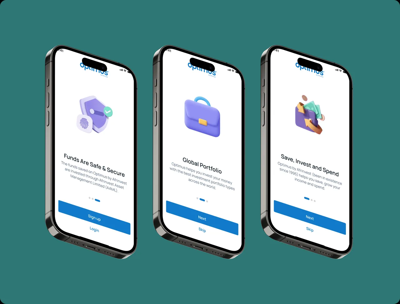Optimus onboarding screens: Save Invest and Spend, Funds Are Safe and Secure, Global Portfolio