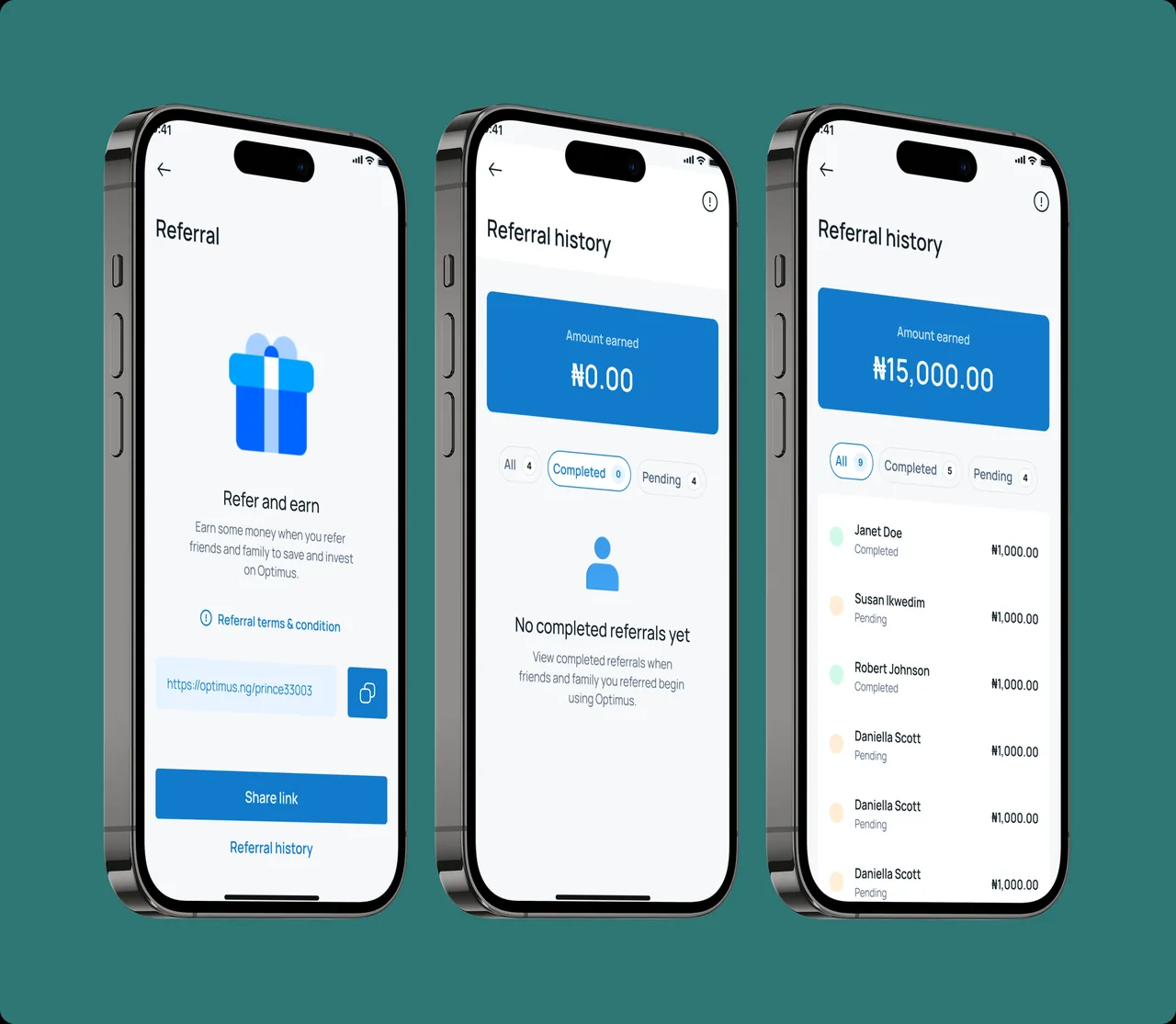 Optimus referral flow: refer and earn, referral history empty state, and earnings list