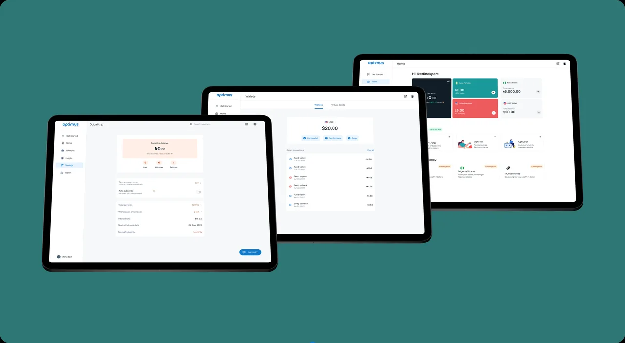 Optimus web app: Naira mutual funds and portfolio net-worth dashboard on tablet