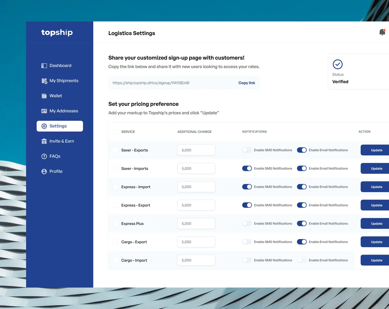 Logistics settings: customized sign-up page link, pricing preferences per service, and notification toggles