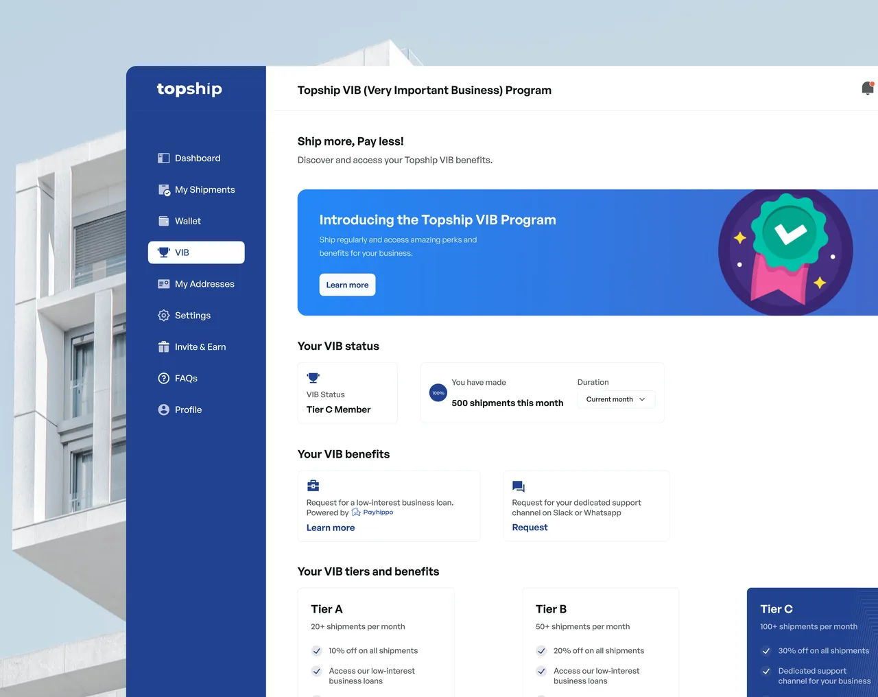 Topship VIB Program dashboard: tier status, monthly shipments, benefits, and tier comparison